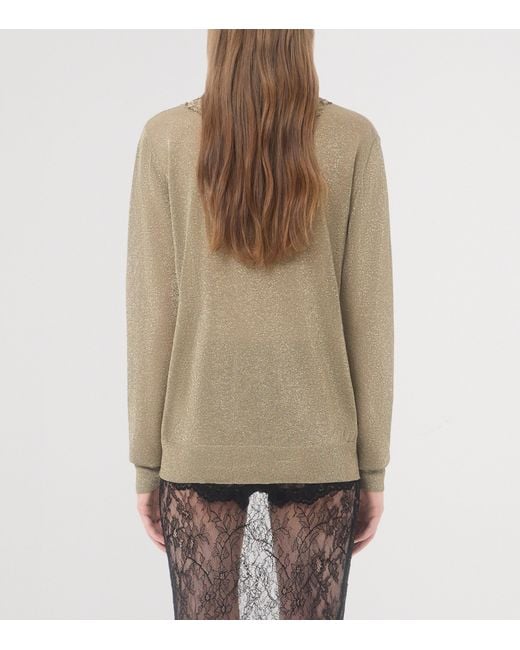 Valentino Natural Lace-Trim V-Neck Sweater
