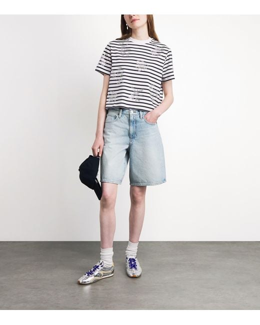 Maje White Cotton Rhinestone Stripe T-Shirt