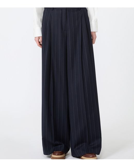 Weekend by Maxmara Blue Stretch-Virgin Wool Pinstripe Wide-Leg Trousers