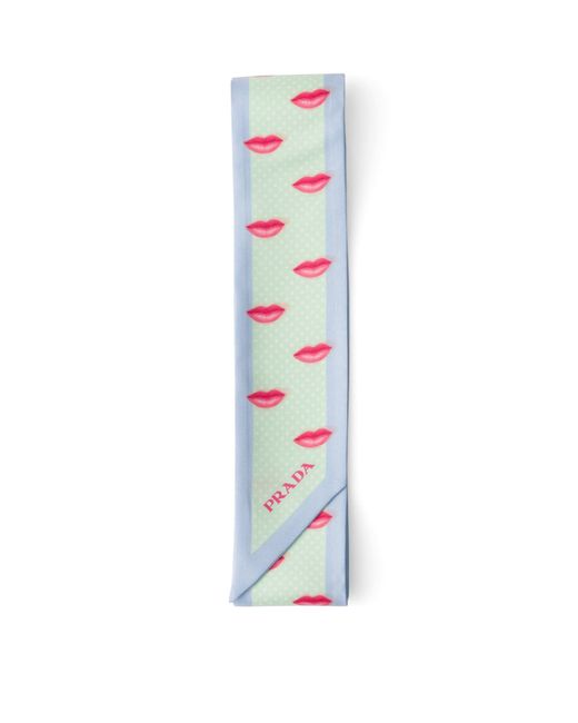 Prada Blue Silk Lips Print Skinny Scarf