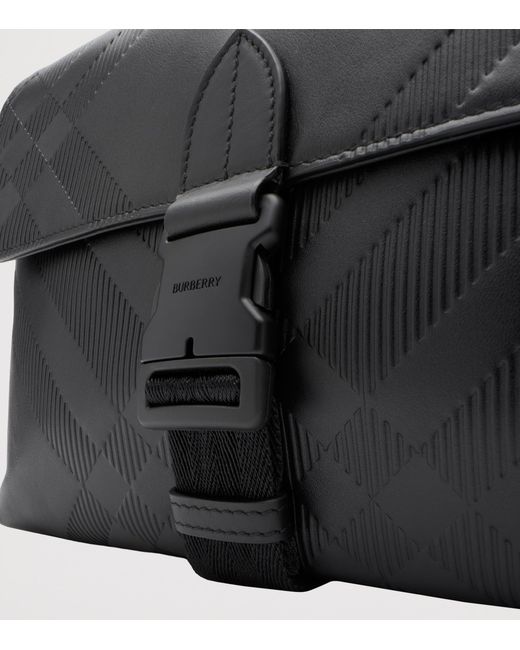 Burberry Black Small Leather Check-Embossed Messenger Bag for men