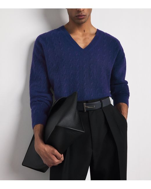 Tom Ford Blue Wool Cable-Knit V-Neck Sweater for men