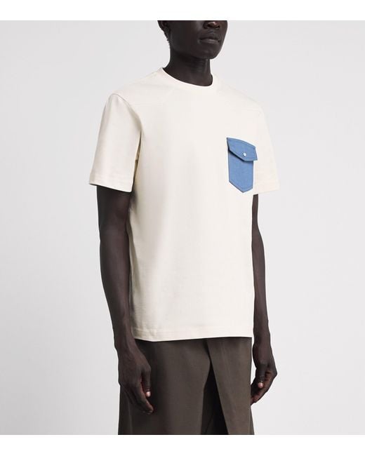 Moncler White Cotton Denim-Pocket T-Shirt for men