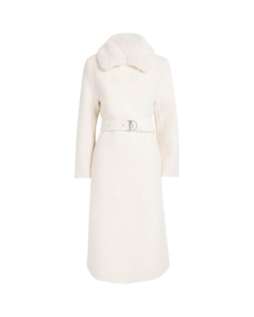 Maje White Wool-Blend Faux-Fur-Collar Coat
