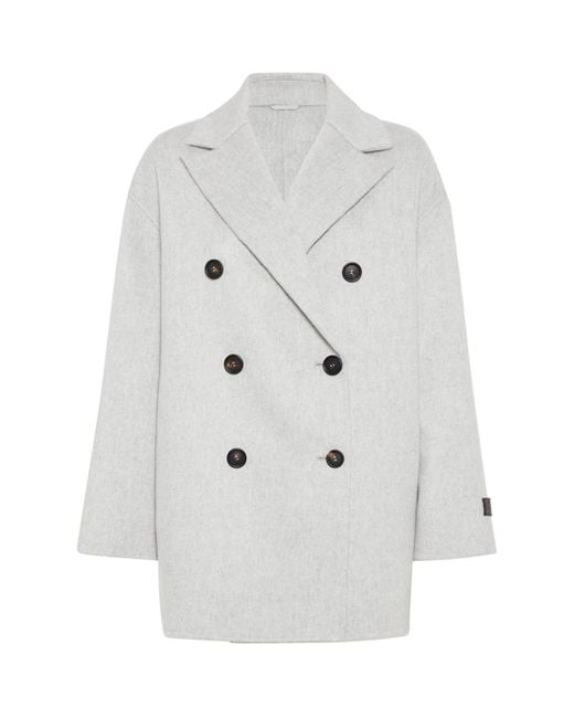 Brunello Cucinelli White Cashmere Double-Breasted Peacoat