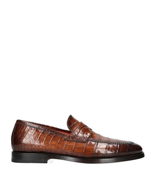 Santoni Brown Crocodile Leather Carlos Penny Loafers for men