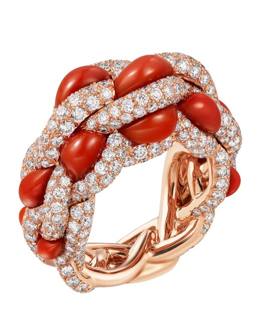 Cartier Red Rose Gold, Diamond And Coral Libre Tressage Ring