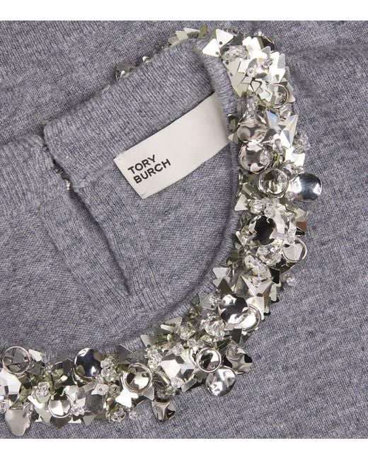 Tory Burch Gray Wool-Cashmere Embellished Sweater
