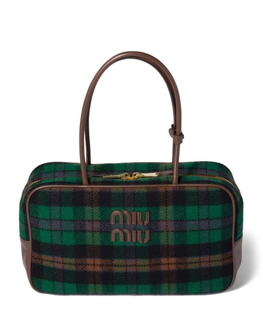 Miu Miu Green Tartan-Leather Beau Top-Handle Bag
