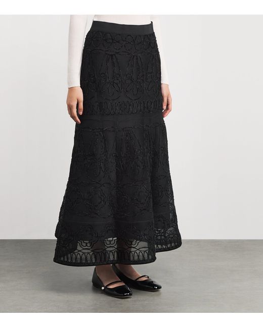 Maje Black Embroidered Flared Maxi Skirt