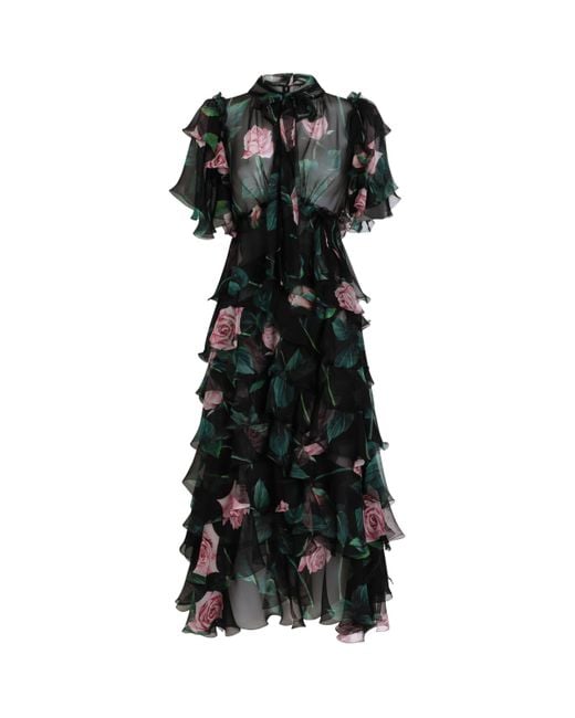 Dolce & Gabbana Black Rose- Chiffon Calf-Length Dress With Ruffles And Flounces