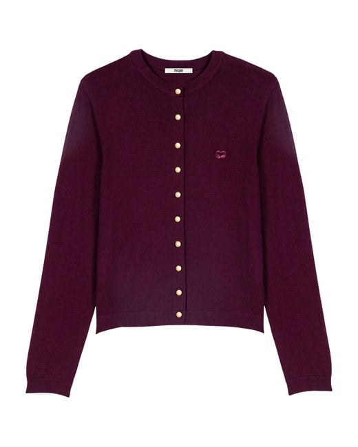 Maje Purple Wool Embroidered-Logo Cardigan