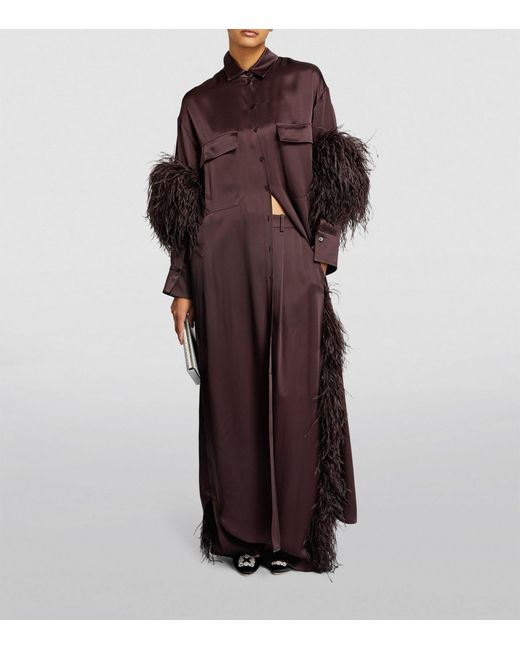 LAPOINTE Brown Satin Feather-trim Shirt Dress