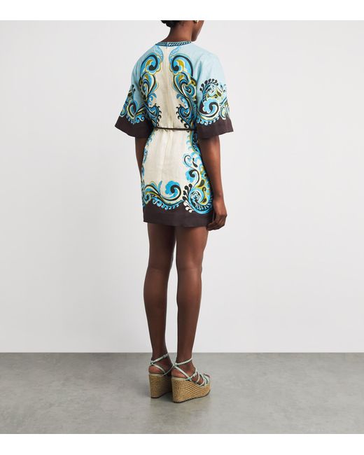ALÉMAIS Blue Linen Printed Natalia Mini Dress