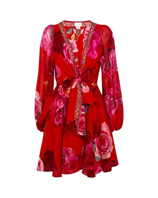 Camilla Red Silk Crystal-embellished Wrap Mini Dress