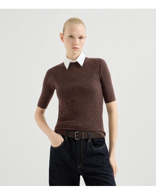 Brunello Cucinelli Brown Cashmere Sparkling Short-Sleeve Sweater