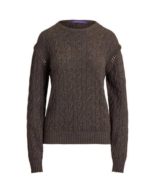 Ralph Lauren Brown Chain-Trim Cable Cashmere Sweater