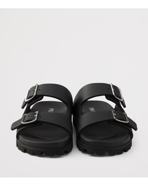 Prada Black Buckle Slides