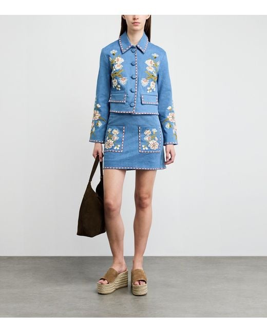 Veronica Beard Blue Embroidered Tailored Denim Jacket