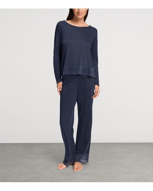 Hanro Blue Lace-Trim Long-Sleeve Pyjamas