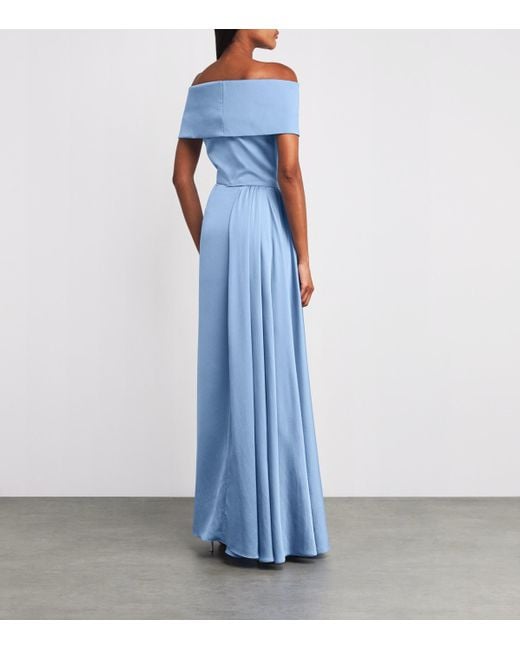 Edeline Lee Blue Charmeuse Off-The-Shoulder Philomena Gown