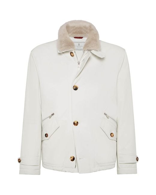 Brunello Cucinelli White Padded Shearling-Collar Bomber Jacket for men