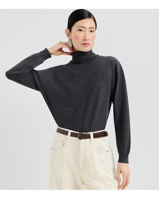 Brunello Cucinelli Blue Cashmere Monili-Trim Rollneck Sweater