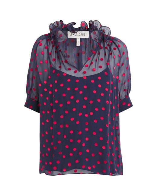 Saloni Purple Silk-Blend Devoré Polka Dot Josie Blouse
