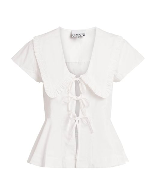 Ganni White Cotton Bow-Detail Peplum Blouse