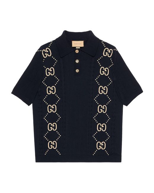 Gucci Blue Knitted GG Polo Shirt for men