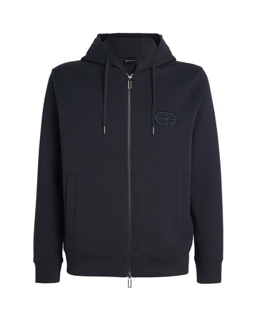 Emporio Armani Blue Double-Jersey Zip-Up Hoodie for men