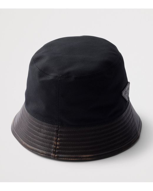 Prada Blue Leather-Trim Logo Bucket Hat for men