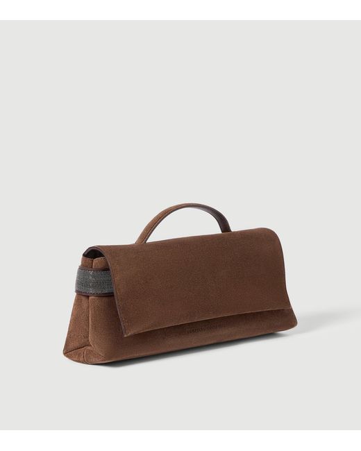 Brunello Cucinelli Brown Suede Essence Flap Top-Handle Bag