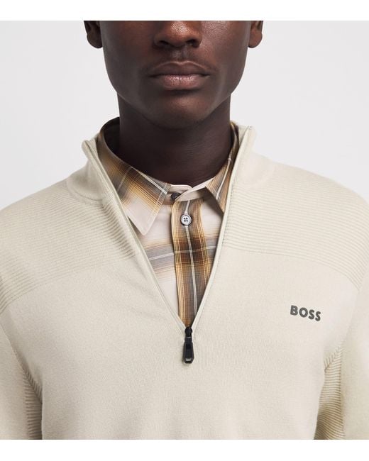 Boss White Ribbed Logo Quarter-Zip Sweater for men