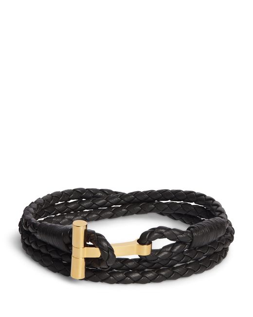 Tom Ford Black Leather Braided T Bracelet for men
