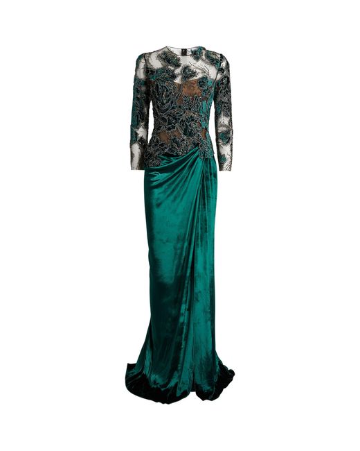 Marchesa Green Embroidered-bodice Gown