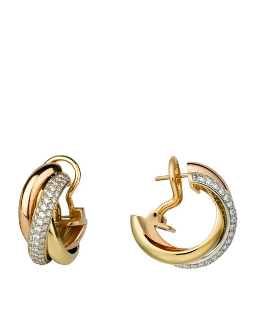 Cartier Metallic White, Yellow, Rose Gold And Diamond Trinity Hoop Earrings