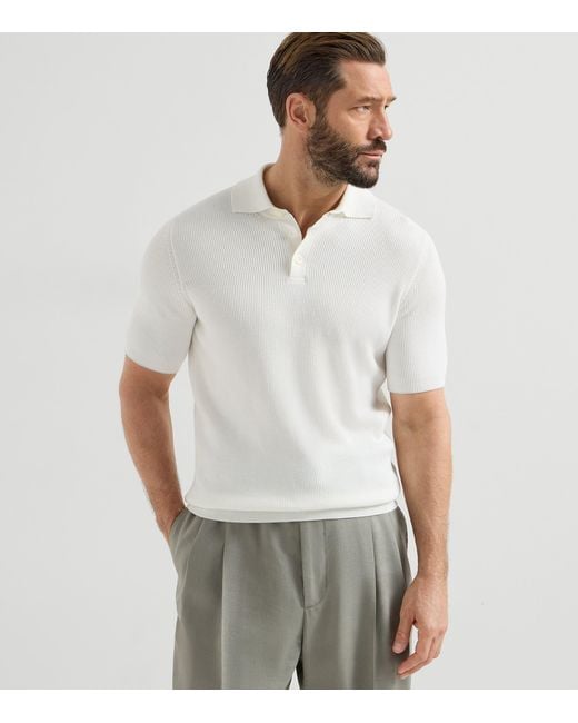 Brunello Cucinelli White Cotton Rib-Knit Polo Shirt for men