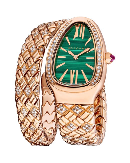 BVLGARI Green Rose Gold, Diamond And Malachite Serpenti Spiga Watch 35mm