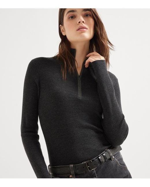 Brunello Cucinelli Black Virgin Wool-Cashmere Rib-Knit Sweater