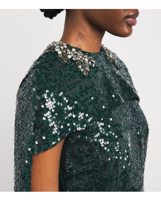 Erdem Green Sequinned Embellished Cape Gown