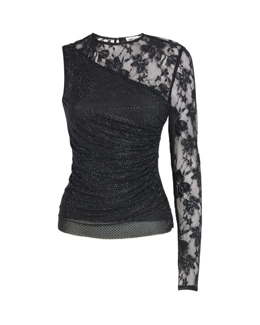Self-Portrait Black Rhinestone-Lace One-Shoulder Top