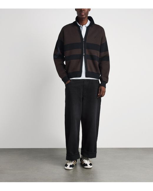 Fred Perry Black Cotton Stripe Zip-Up Cardigan for men