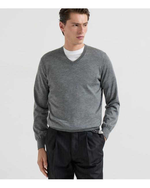 Brunello Cucinelli Gray Cashmere-Silk V-Neck Sweater for men