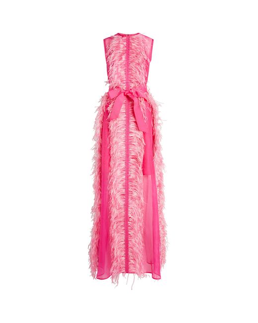 Huishan Zhang Pink Exclusive Silk Feather-trim Beau Gown