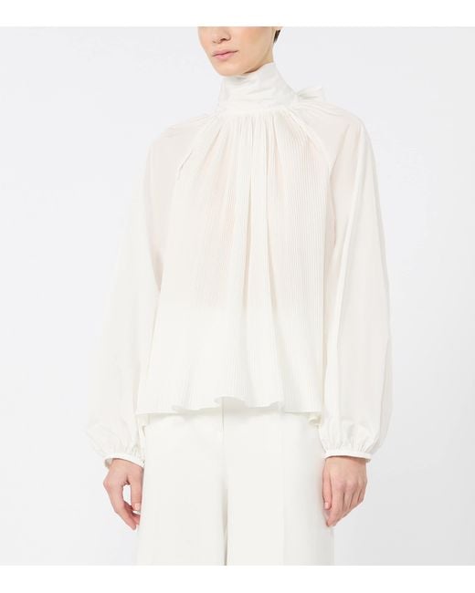 Max Mara White Pleated Pussybow Blouse