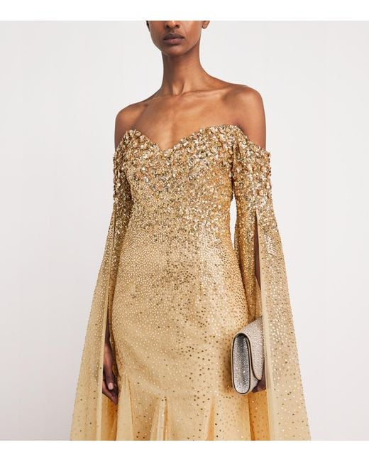 Pamella Roland Natural Sequinned Cape-Sleeve Gown