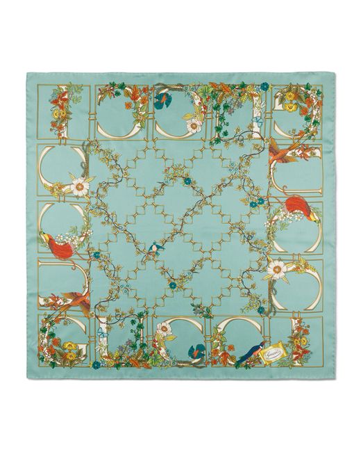 Gucci Green Silk Animal And Floral Print Scarf