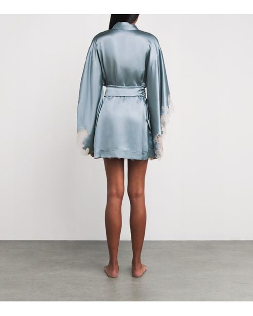 Carine Gilson Blue Silk Lace-Trim Short Kimono Robe