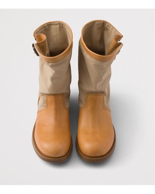 Prada Brown Leather-Canvas Mid-Calf Boots 30